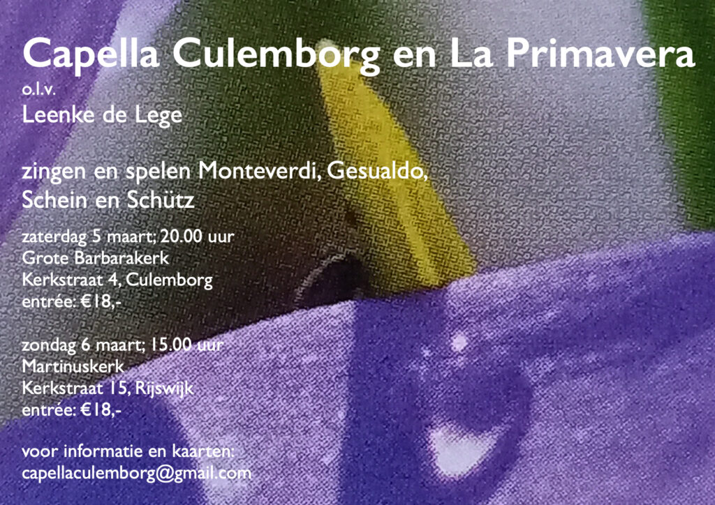e-flyer van de concerten met muziek van Monteverdi en Gesualdo, met het ensemble 'La Primavera', maart 2022